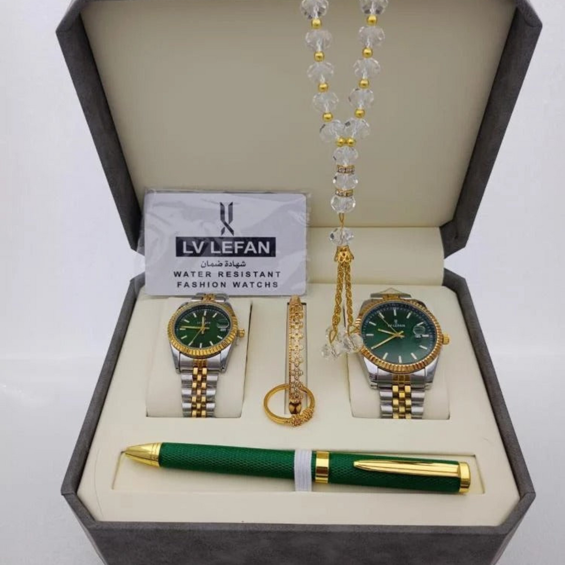 Men's Stainless Steel Set: Watch, Rosary, Pen & Cufflinks"طقم هدايا رجالي من الفولاذ المقاوم للصدأ - ساعة، مسبحة، قلم، وأزرار أكمام