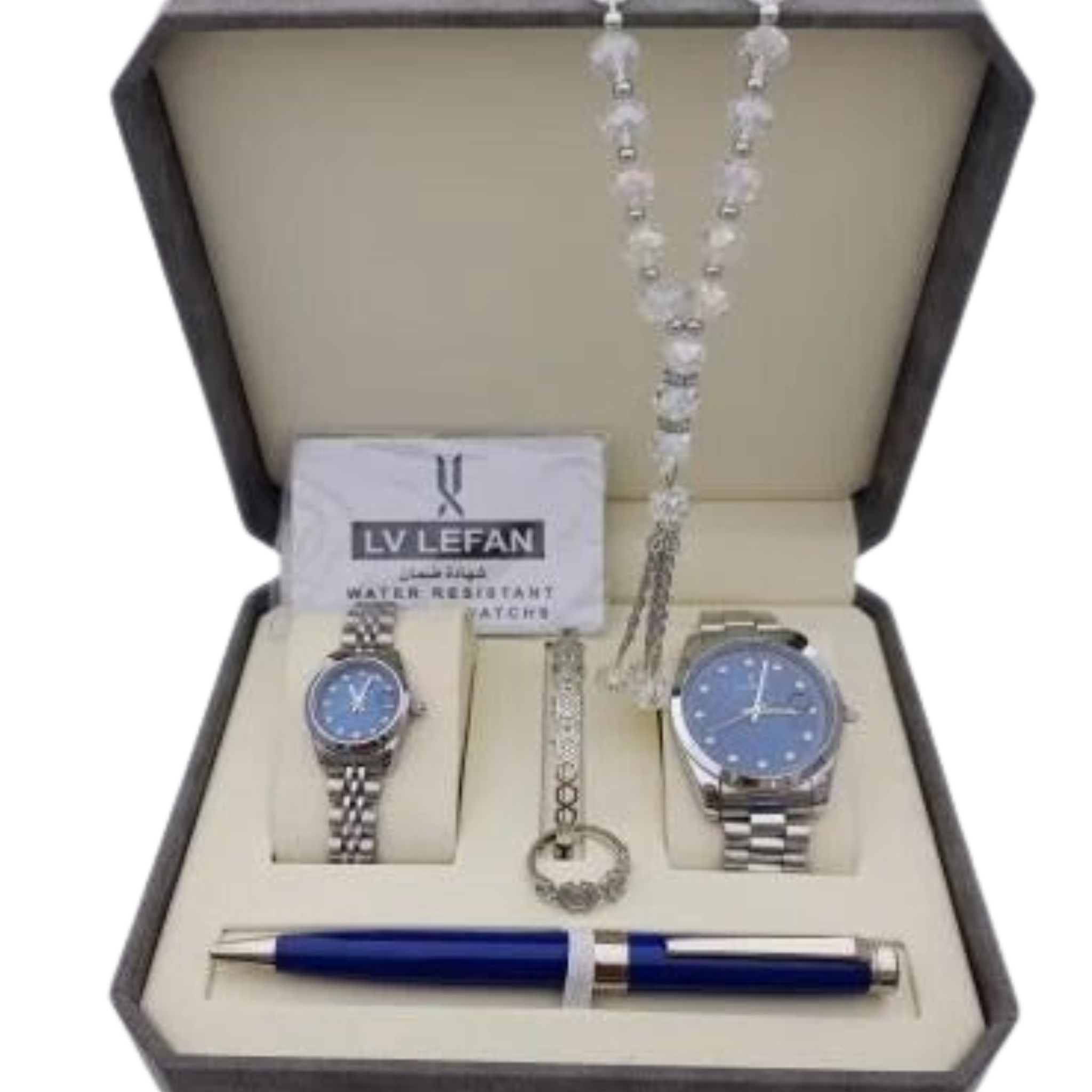 Men's Stainless Steel Set: Watch, Rosary, Pen & Cufflinks"طقم هدايا رجالي من الفولاذ المقاوم للصدأ - ساعة، مسبحة، قلم، وأزرار أكمام